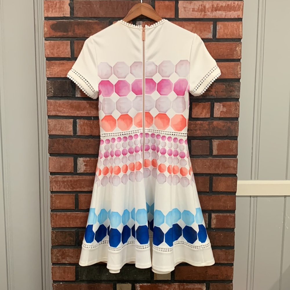 Ted Baker White Dress with Pink, Coral and Blue Hexagon Print - Picture 7 of 14